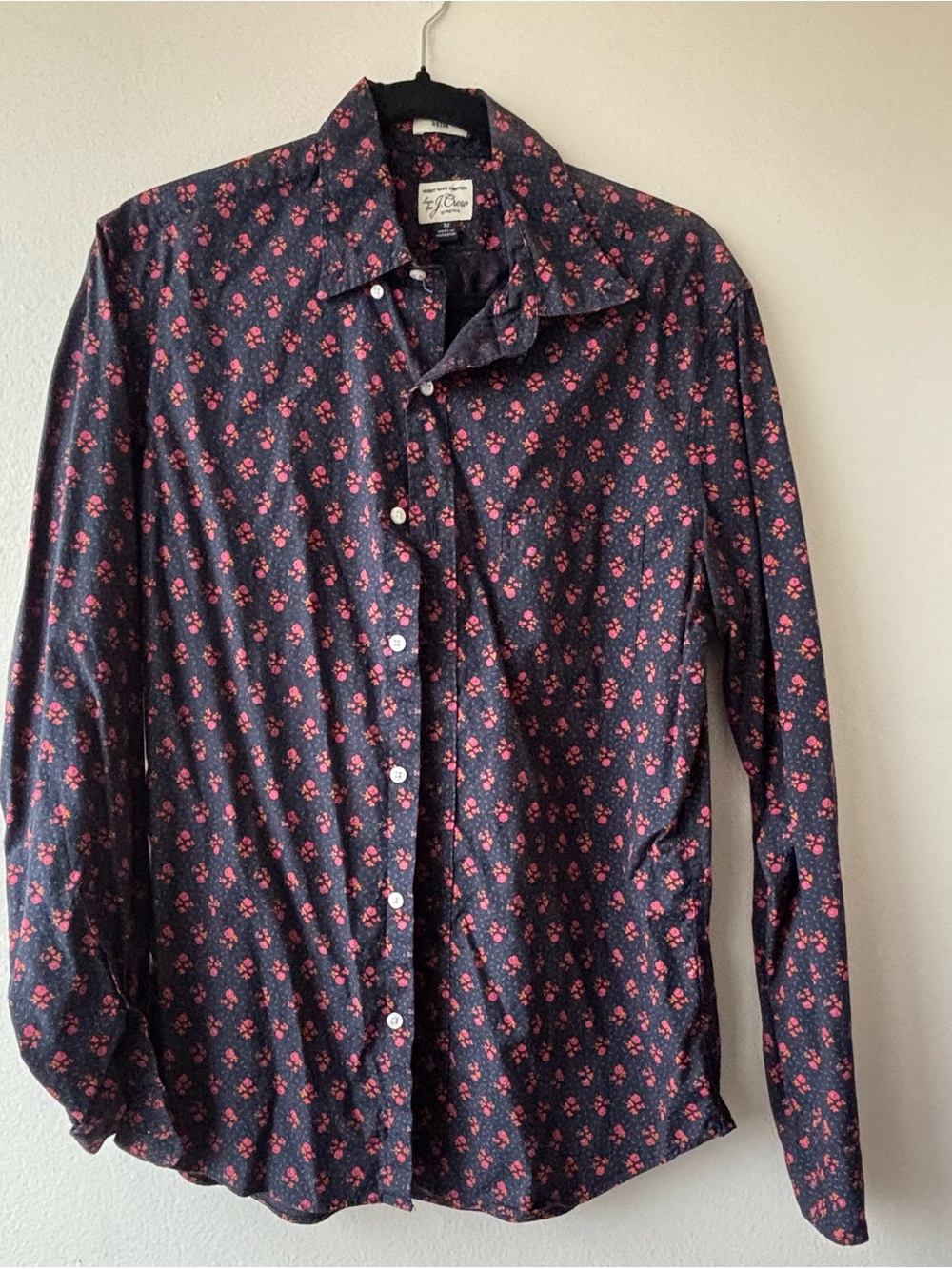 J. Crew Black Button-Down Shirt with Red Floral Print